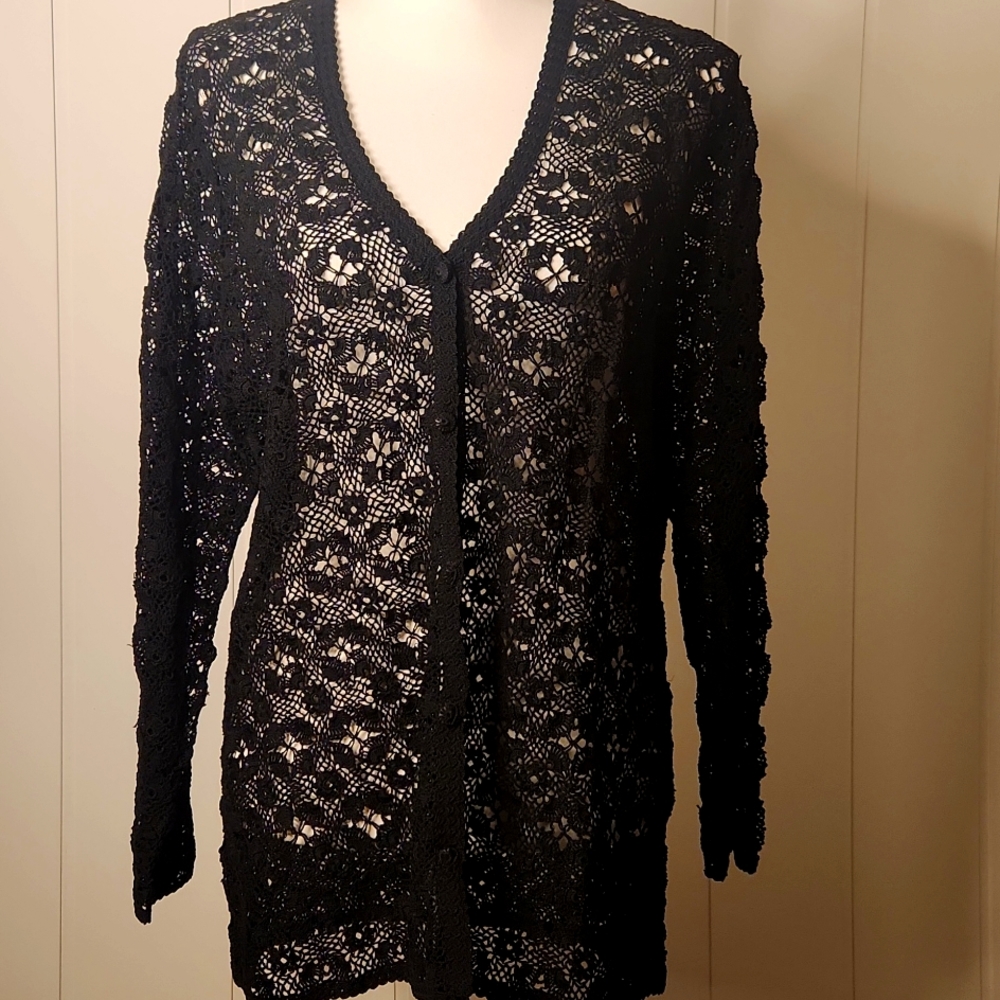 Hand crochet Cardigan  Black vintage button-down Sweater Beautiful High End